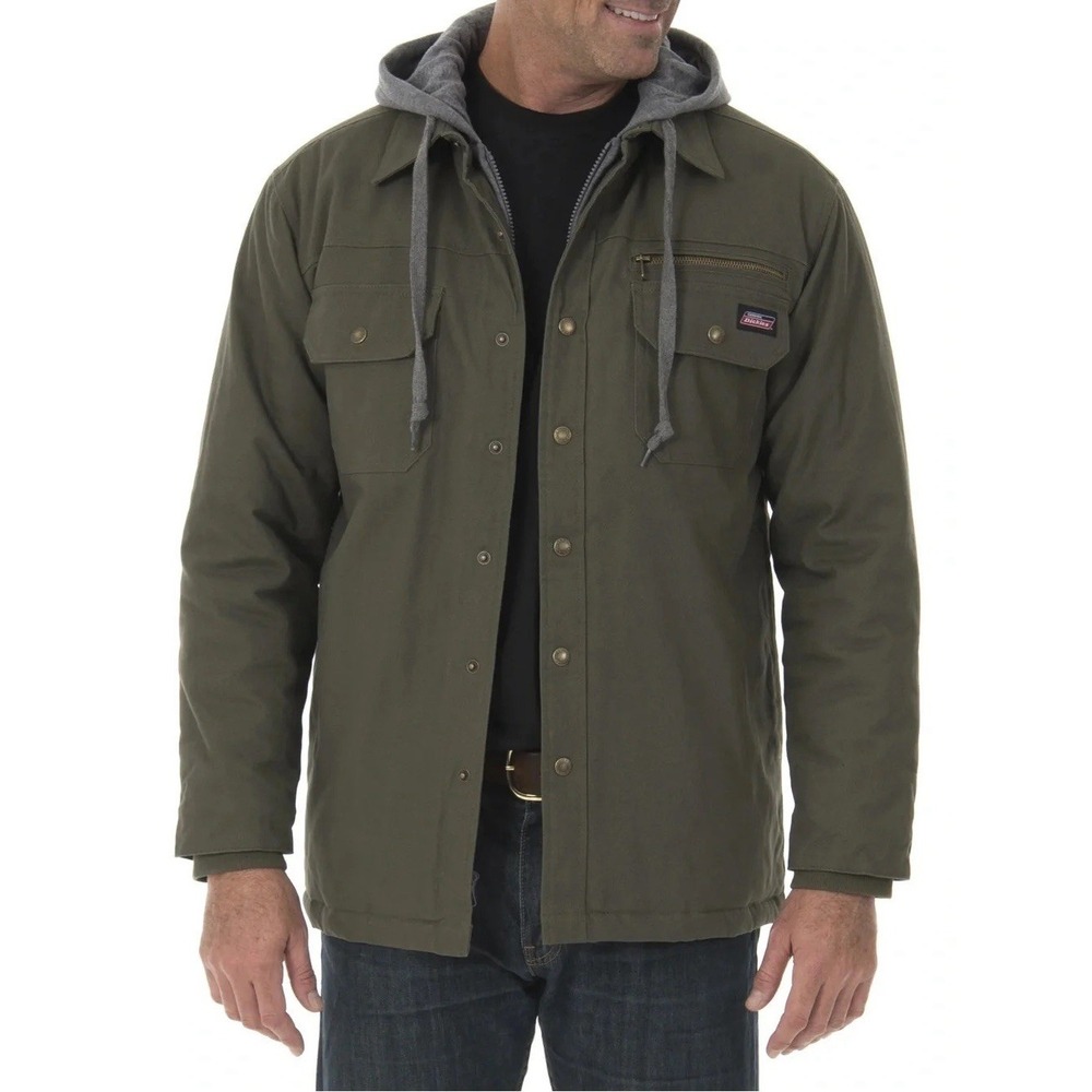 Dickies Mens Hooded Duck Canvas Shirt Jacket Olive Green Quilted Lined Sz XL NEW